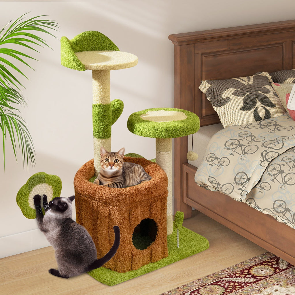 Jungle-Themed Cat Tree Activity Center with Condo and Flower Perches – Green