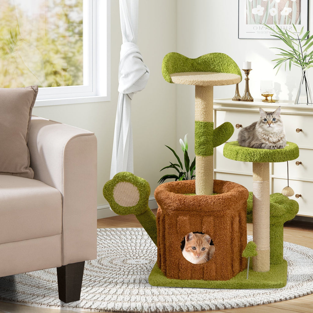 Jungle-Themed Cat Tree Activity Center with Condo and Flower Perches – Green