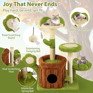 Jungle-Themed Cat Tree Activity Center with Condo and Flower Perches – Green