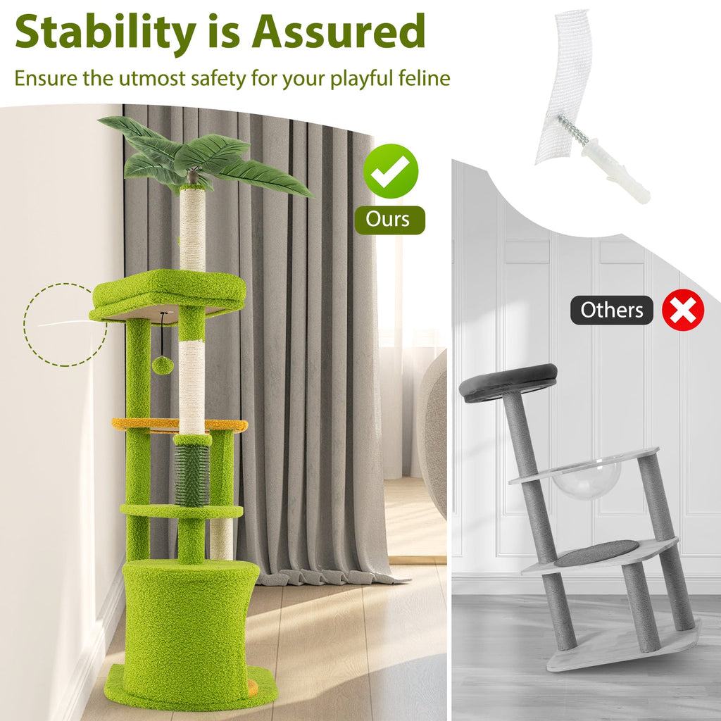 Tropical Multi-Level Cat Tree for Adult Cats with Condo and Groomer – Green