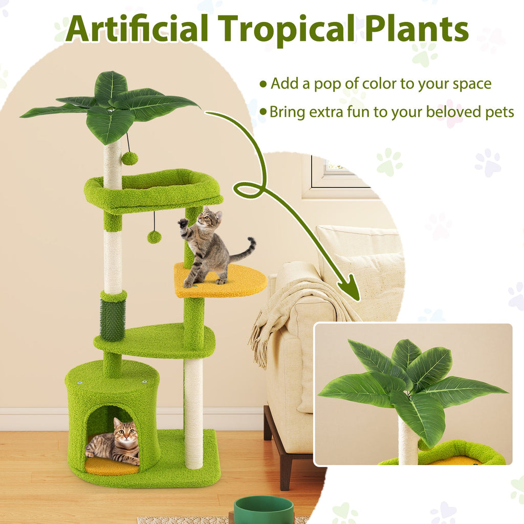 Tropical Multi-Level Cat Tree for Adult Cats with Condo and Groomer – Green