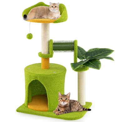 Cute Tropical Palm Cat Tree with Condo, Scratching Posts and Groomer – Green
