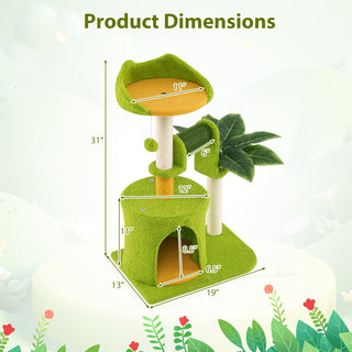Cute Tropical Palm Cat Tree with Condo, Scratching Posts and Groomer – Green