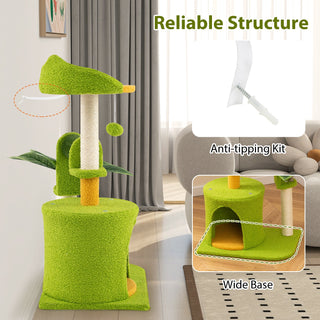 Cute Tropical Palm Cat Tree with Condo, Scratching Posts and Groomer – Green