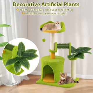 Cute Tropical Palm Cat Tree with Condo, Scratching Posts and Groomer – Green