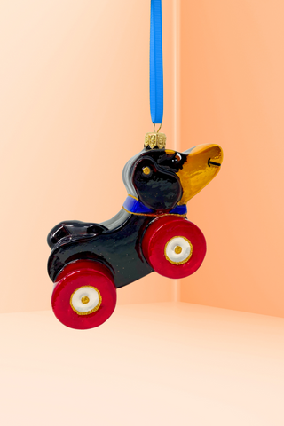 Dachshund Dog Pull Toy Glass Ornament