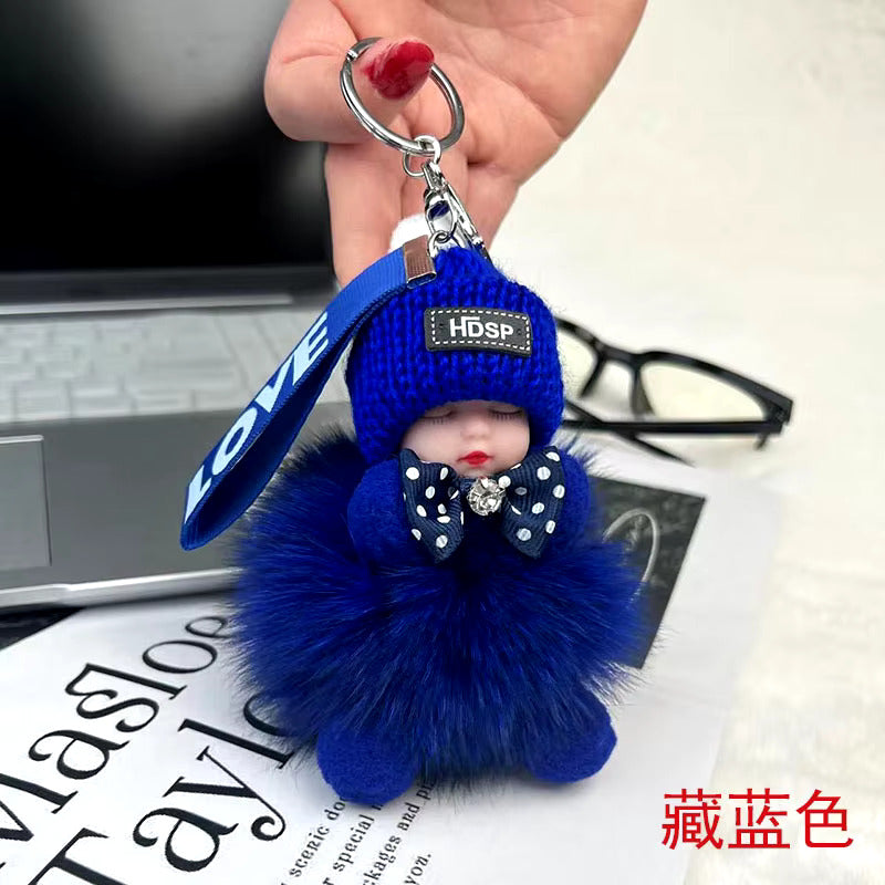 New Style Real Fox Fur Ball Pendant with Cute Sleeping Doll and Bowtie