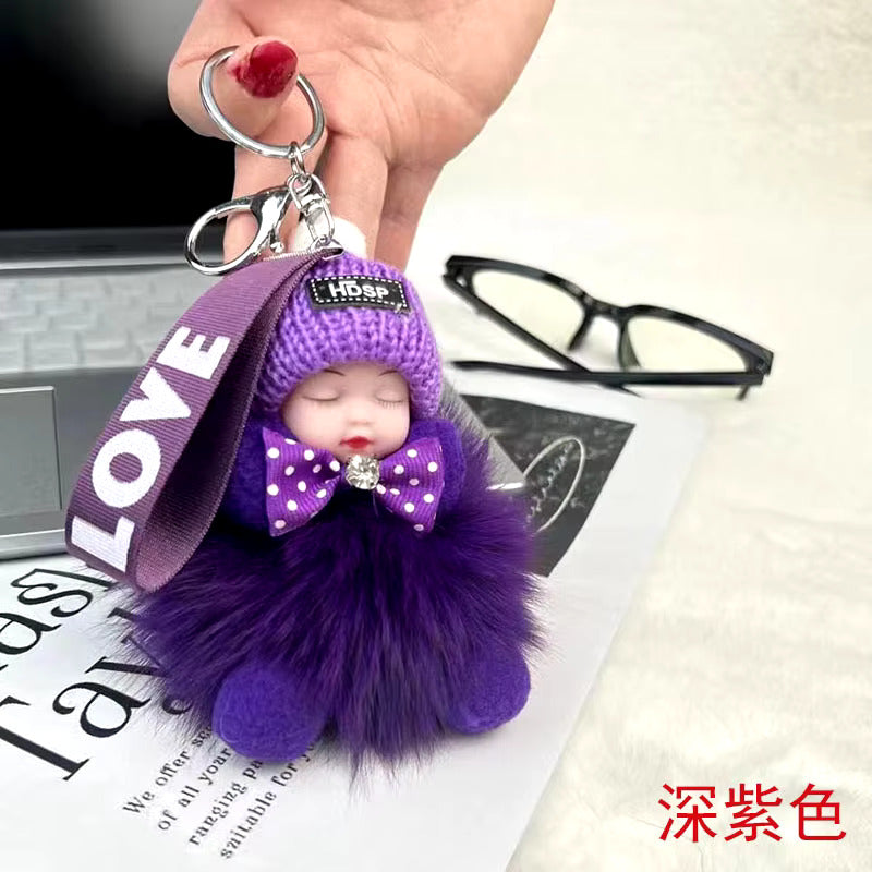 New Style Real Fox Fur Ball Pendant with Cute Sleeping Doll and Bowtie