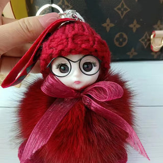 Cute Plush 3D Sleeping Baby Dolls Keychain Bag Charms with Fox Fur Pompoms