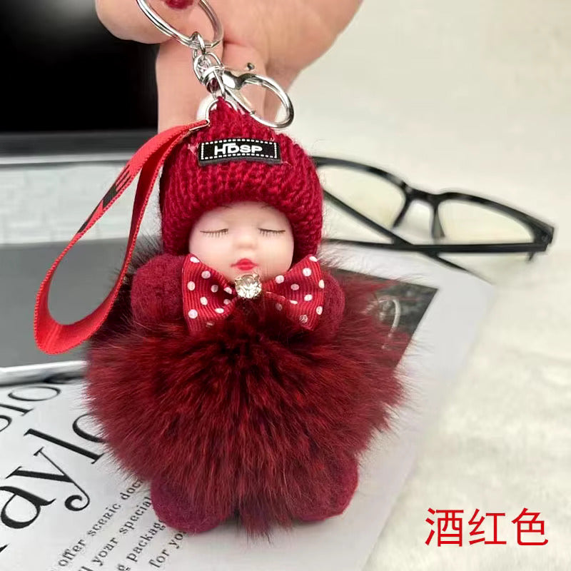 New Style Real Fox Fur Ball Pendant with Cute Sleeping Doll and Bowtie