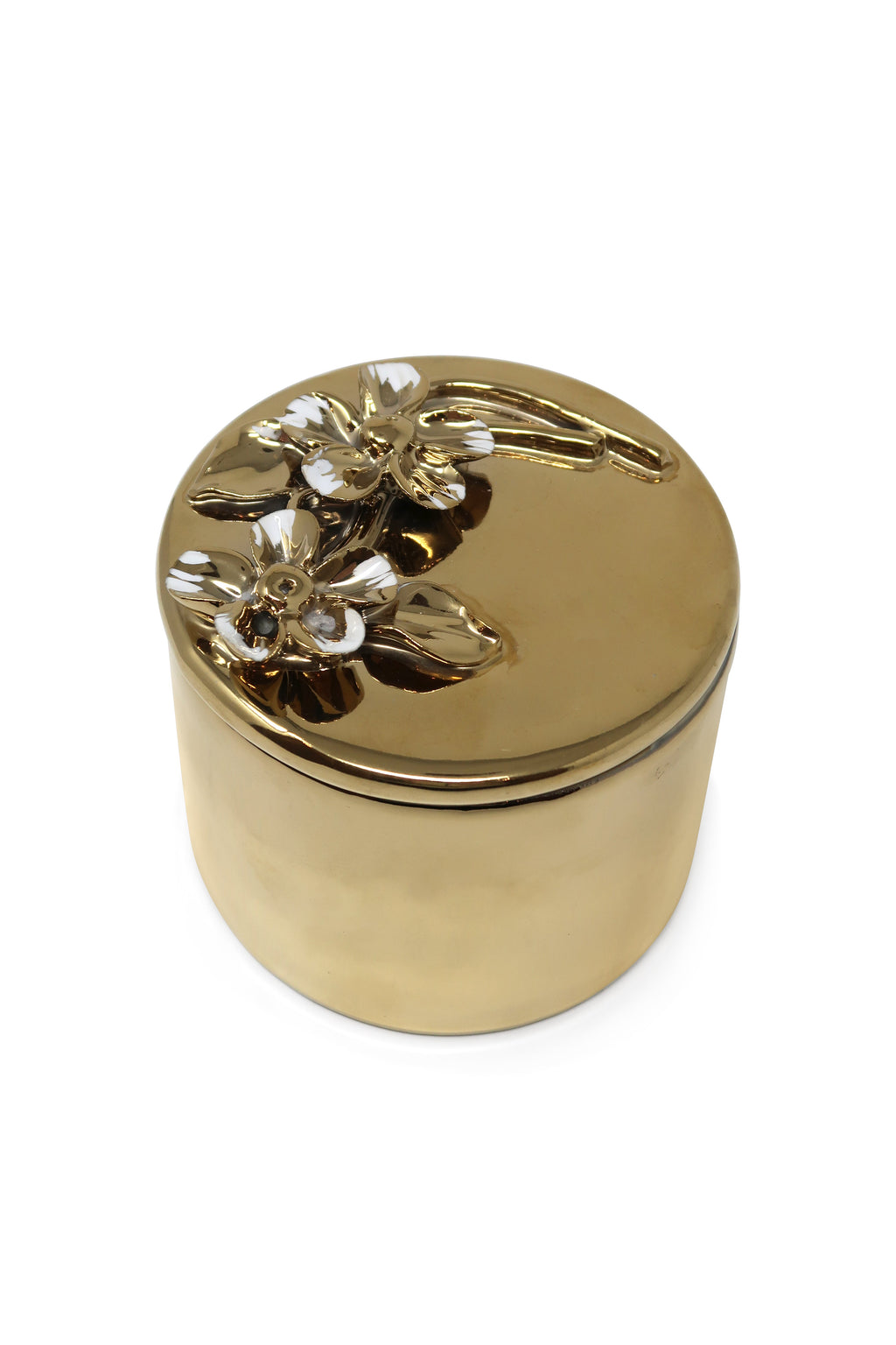 Round Gold Decorative Box With Flower Design Lid