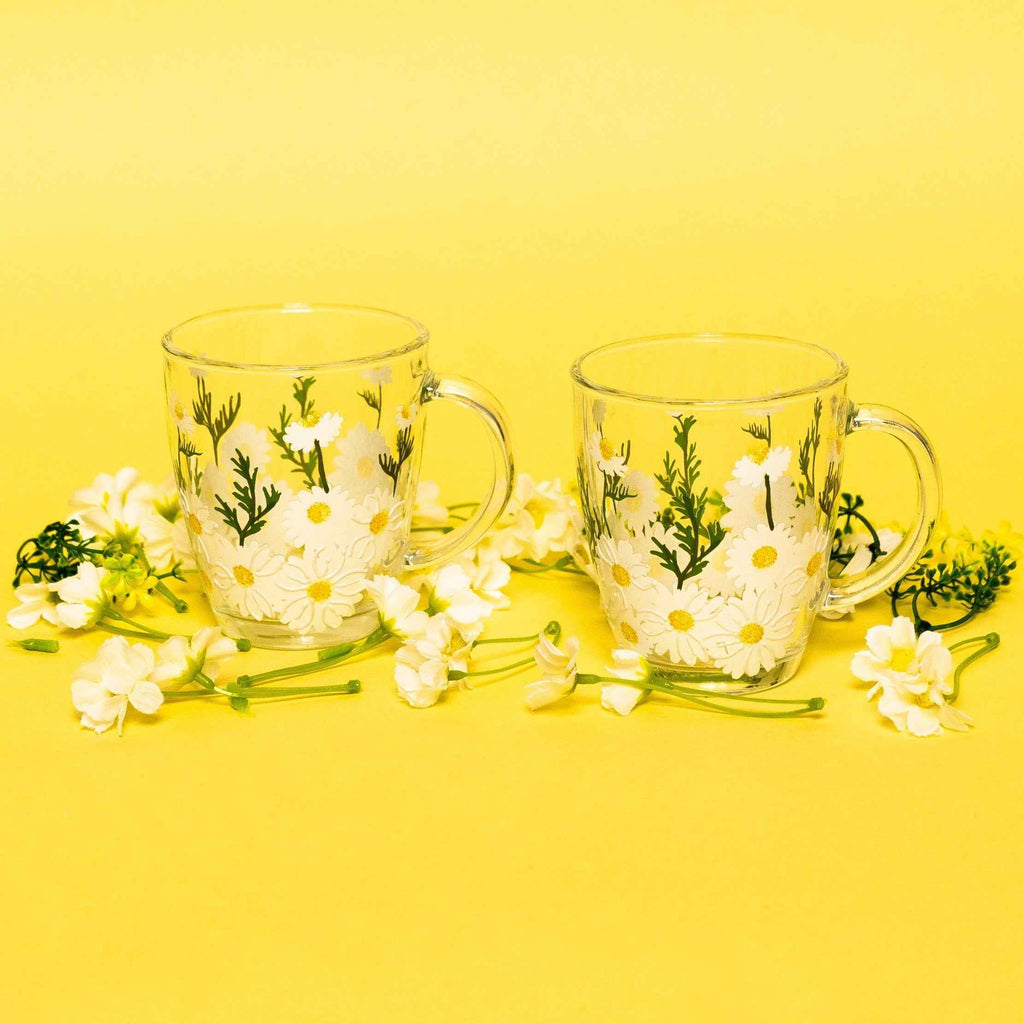 Hand-Painted Daisy Glass Mugs – Set of 2