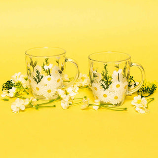 Hand-Painted Daisy Glass Mugs – Set of 2