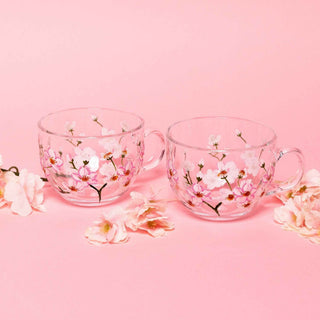 Hand-Painted Cherry Blossom Glass Mugs – Set of 2