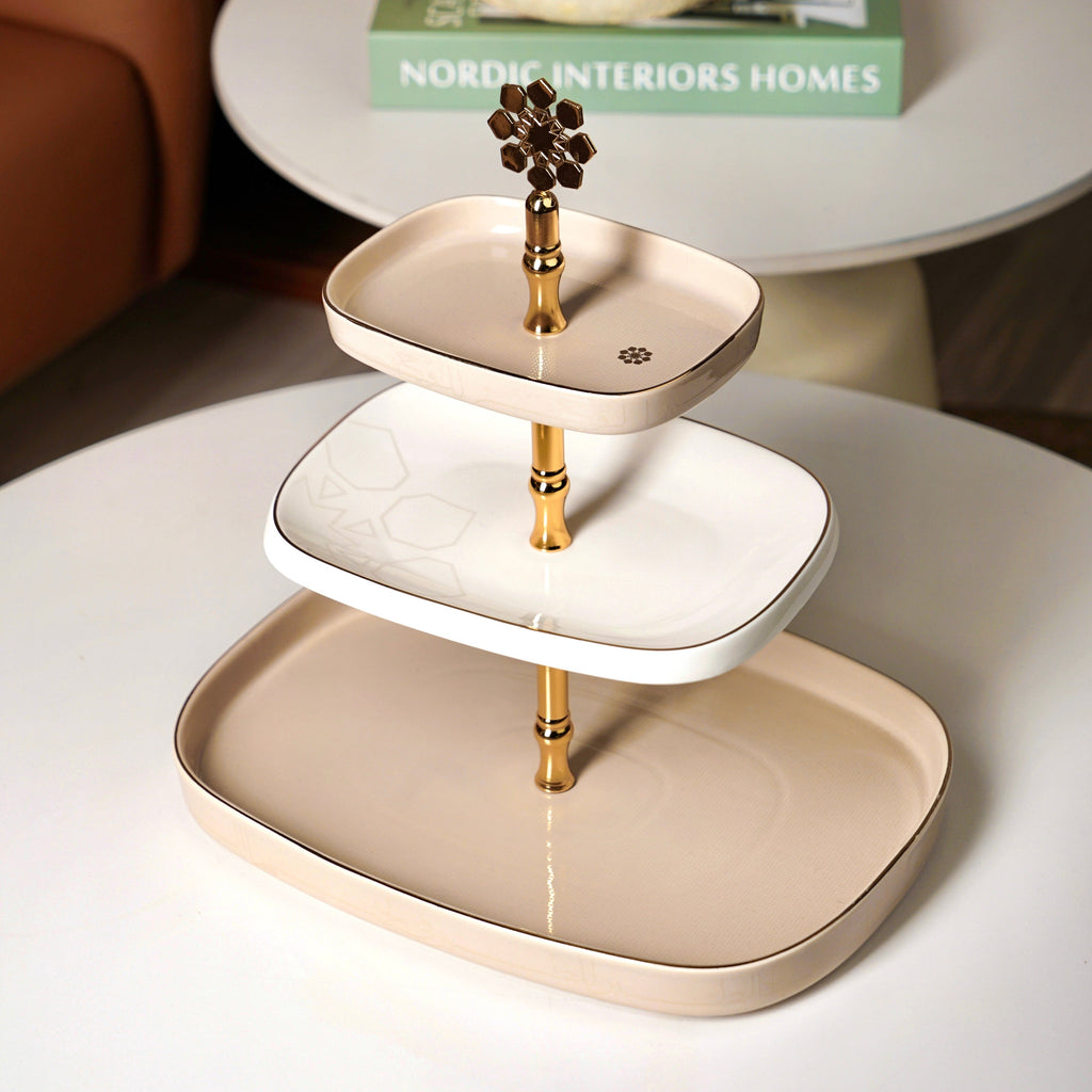 Mirral - 3 Tier Plate - Beige & Gold