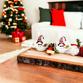 Hand-Painted Christmas Gnome Stemless Wine Glasses – Set of 2
