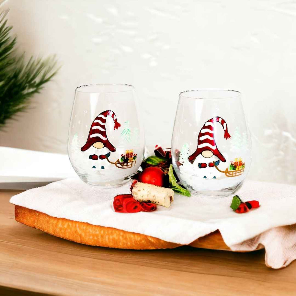 Hand-Painted Christmas Gnome Stemless Wine Glasses – Set of 2