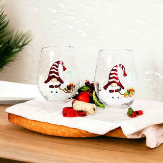 Hand-Painted Christmas Gnome Stemless Wine Glasses – Set of 2