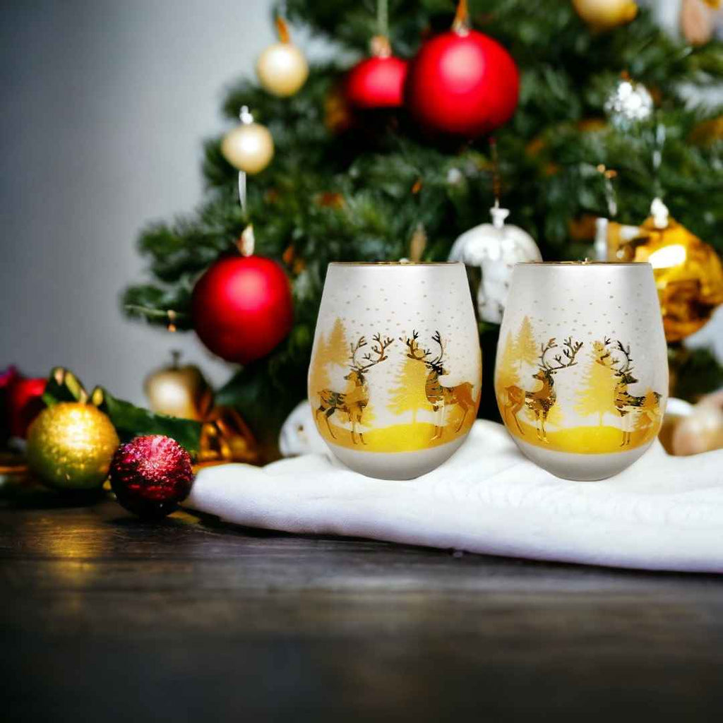 Frosted Gold & Silver Deer Stemless Wine Glasses – Set of 2