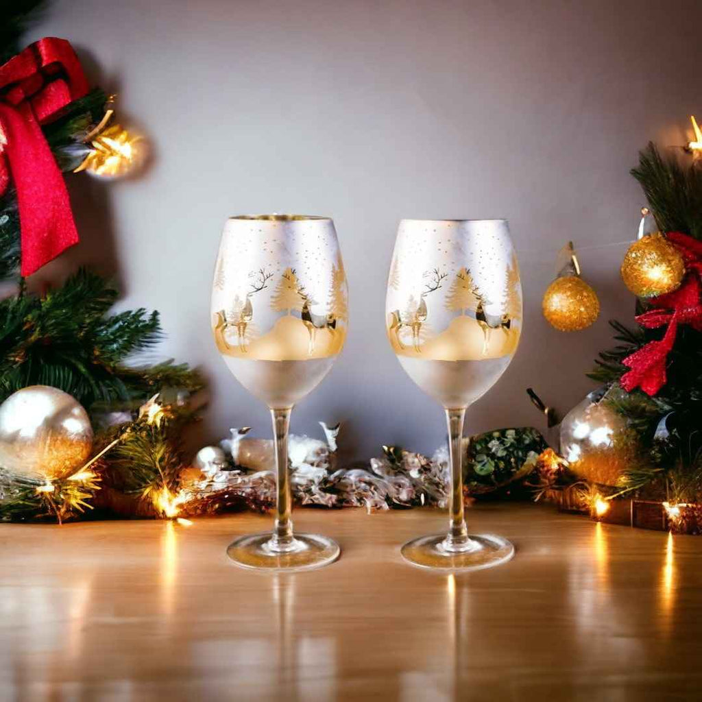 Gold & Silver Winter Deer Wine Glasses – Set of 2