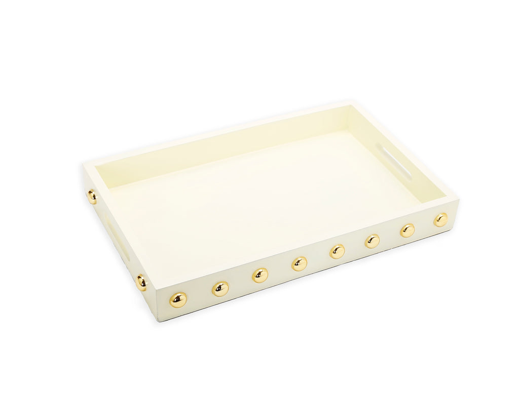 Beige Decorative Serving Tray With Shiny Gold Ball Design