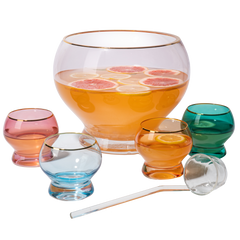 Colorful Glass Punch Bowl Set | 1.7 Gallon with 4 Glasses & Ladle