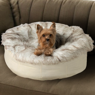 PupPouf™ Faux Fur Donut Dog Bed – White with Brown Accents