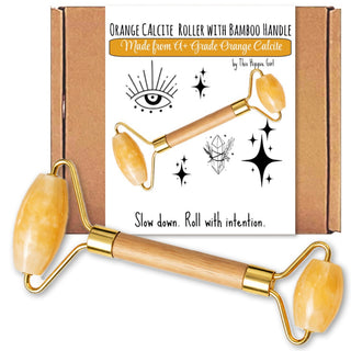 Orange Calcite Facial Roller – Natural Stone Roller with Bamboo Handle