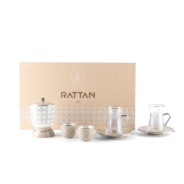 Rattan Royale: Opulent 19-Piece Tea/coffee Set in Bone China Porcelain with Real Gold Plating