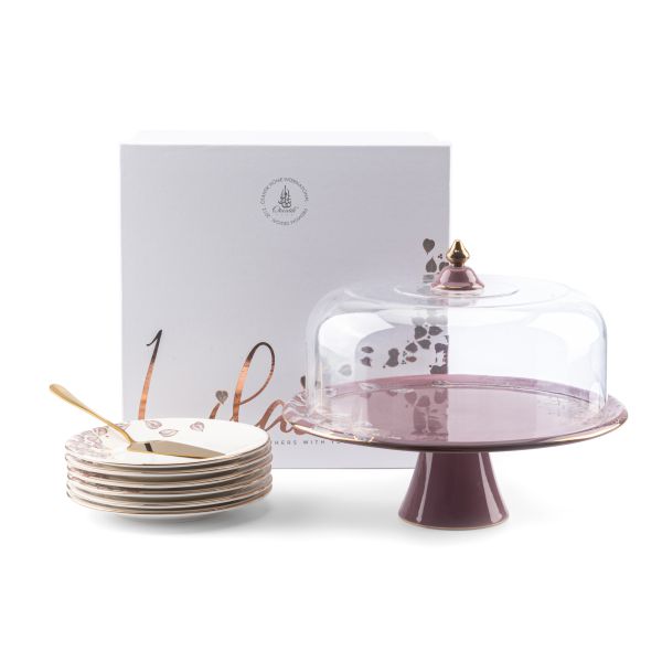 Luxurious Lilac Cake Set with Bone China Porcelain and Gold Plating (Set of 9)