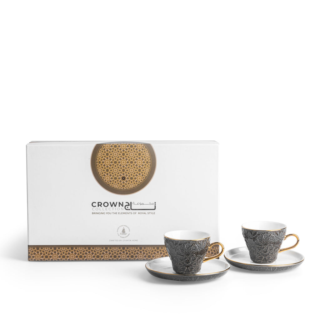 Crown Espresso Turkish Coffee Cups 12-Pc – Black & Gold, Luxury Coffee Cup Set