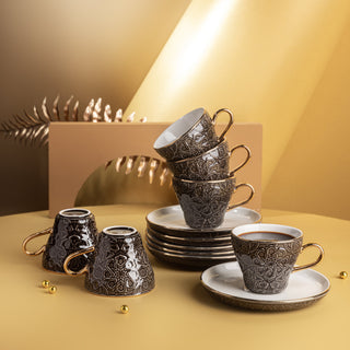 Crown Espresso Turkish Coffee Cups 12-Pc – Black & Gold, Luxury Coffee Cup Set