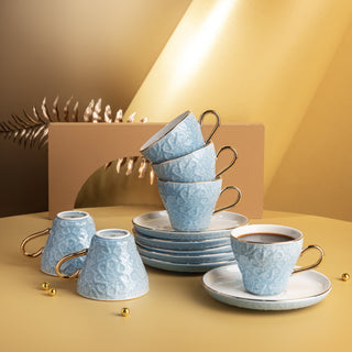 Crown Espresso Turkish Coffee Cups 12-Pc – Baby Blue & Gold, Elegant Coffee Cups