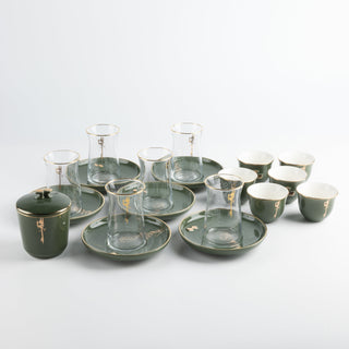 Liqa'a - Tea Set (19-Pc) - Olive Green  & Gold