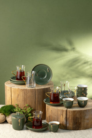 Liqa'a - Tea Set (19-Pc) - Olive Green  & Gold