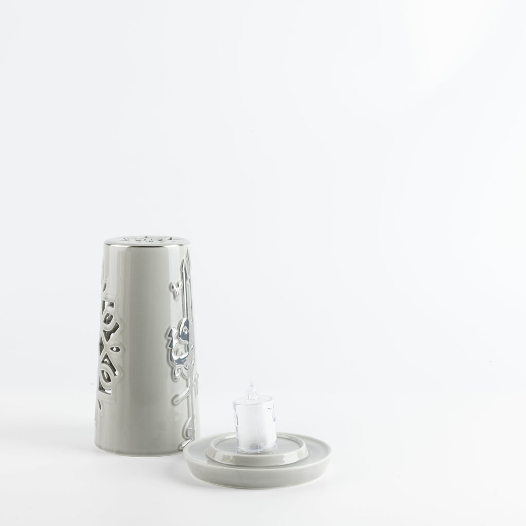 Liqa'a - Medium Lantern Candle Holder - Grey & Silver