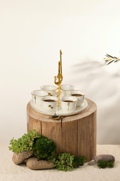 Liqaa Arabic Coffee Cups with Holder – Pearl White & Gold, Traditional Coffee Set for Home
