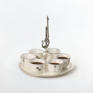 Liqaa Arabic Coffee Cups with Holder – Pearl White & Silver, Luxury Coffee Set
