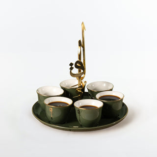 Liqaa Arabic Coffee Cups with Holder – Olive Green & Gold, Traditional Coffee Set