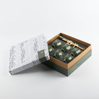 Liqaa Arabic Coffee Cups with Holder – Olive Green & Gold, Traditional Coffee Set