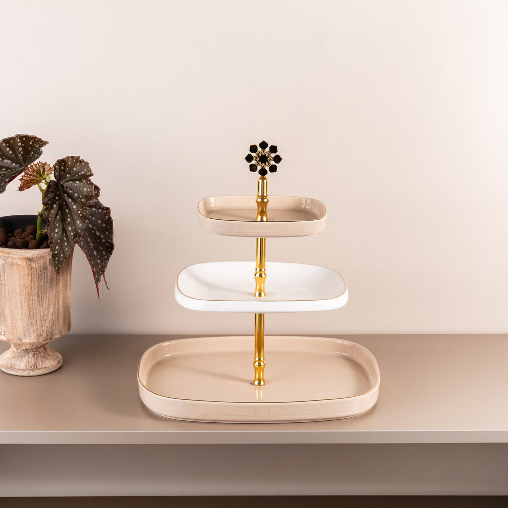 Mirral - 3 Tier Plate - Beige & Gold
