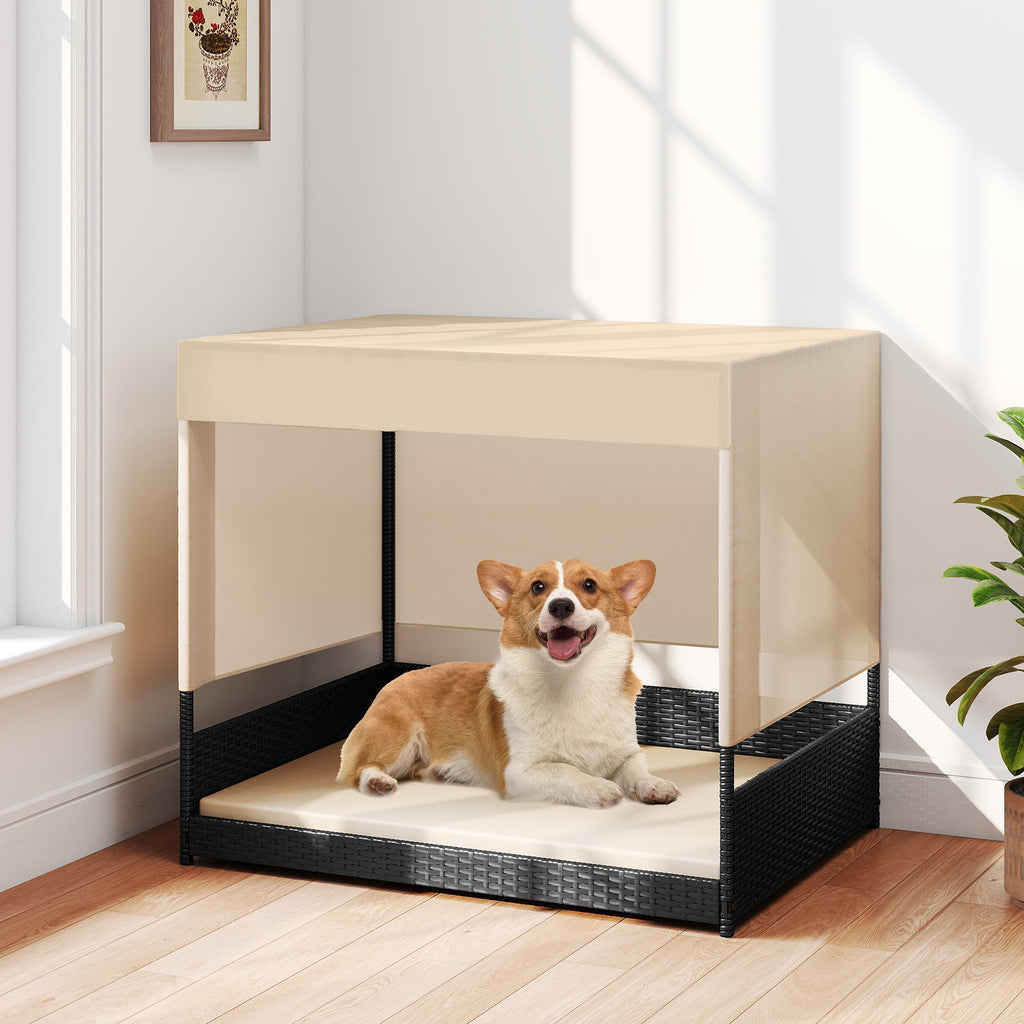 Elevated PE Rattan Dog House with Canopy and Washable Cushion – Black
