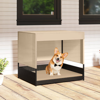Elevated PE Rattan Dog House with Canopy and Washable Cushion – Black