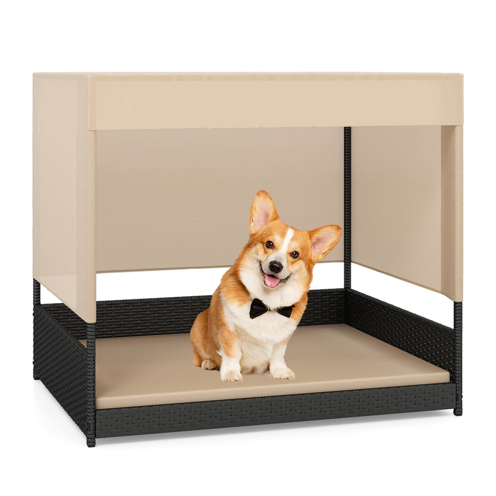 Elevated PE Rattan Dog House with Canopy and Washable Cushion – Black