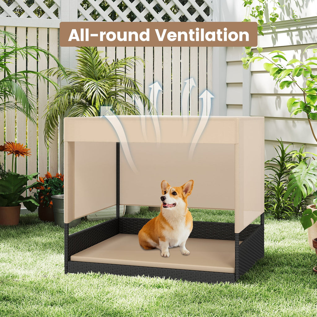 Elevated PE Rattan Dog House with Canopy and Washable Cushion – Black