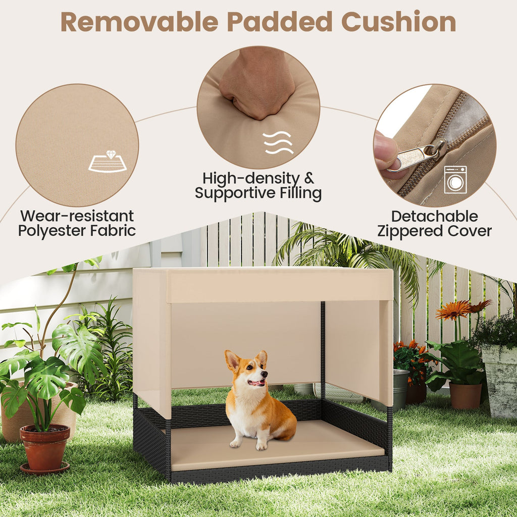 Elevated PE Rattan Dog House with Canopy and Washable Cushion – Black