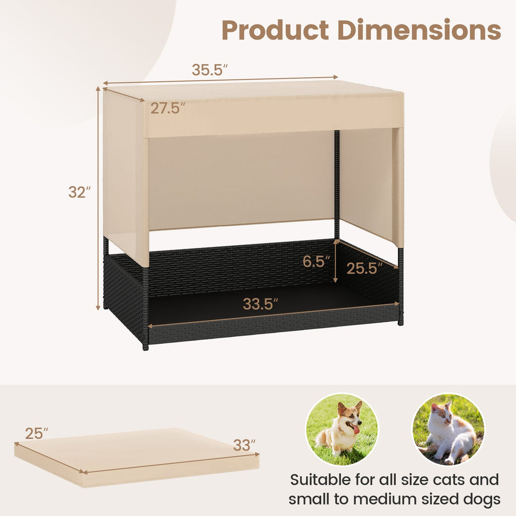 Elevated PE Rattan Dog House with Canopy and Washable Cushion – Black