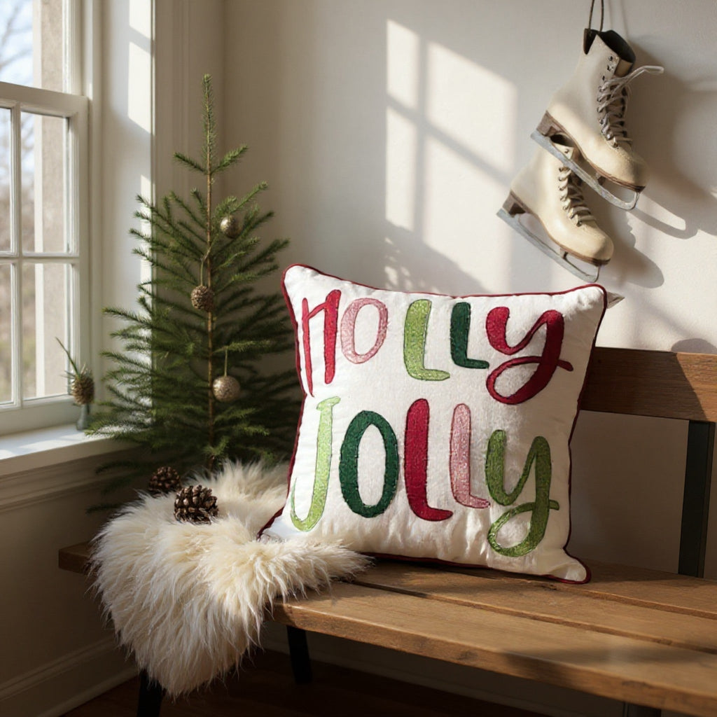 Holly Jolly Embroidered Christmas Pillow – Holiday Collection