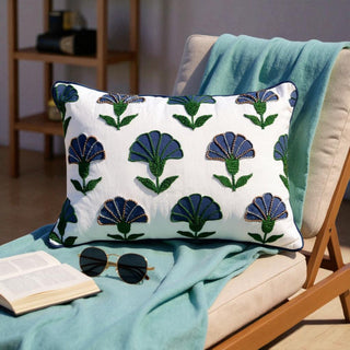 Embroidered Floral Blue Boho Accent Throw Pillow – Modern Home Decor