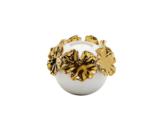 White Ceramic Candle Holder Gold Flower Design
